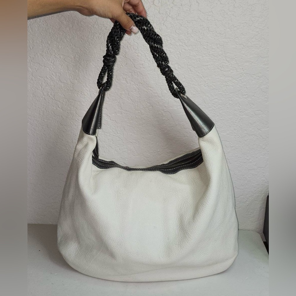 Oscar de la Renta Off White Leather Zipped Hobo